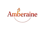 The word 'Amberaine' appears in a warm red-orange serif font on a plain white background, with a small flame-like orange accent above the letter 'A' and a dotted curved line underneath.